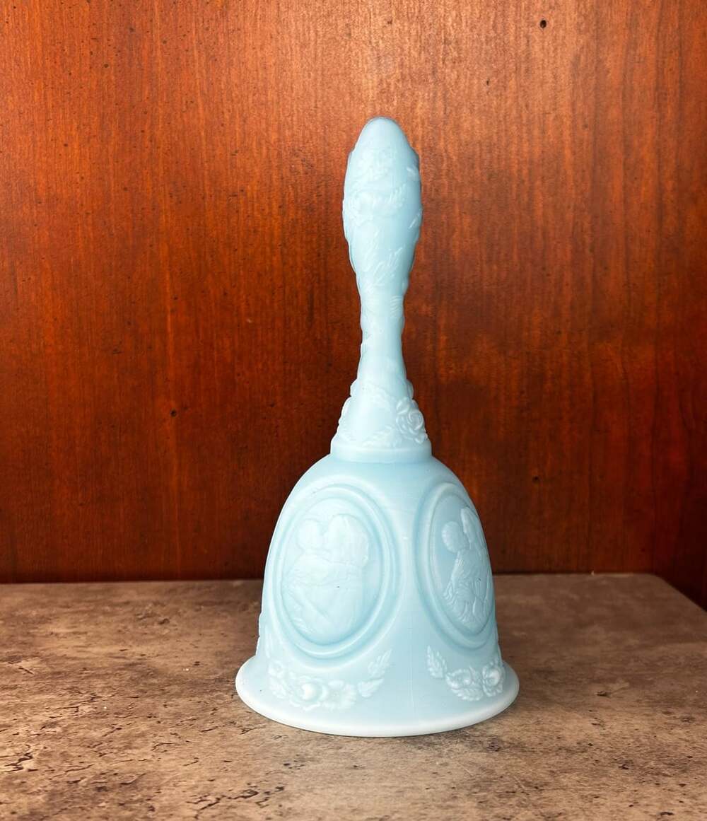 Fenton Blue Satin Glass Mother and Child Madonna Bell